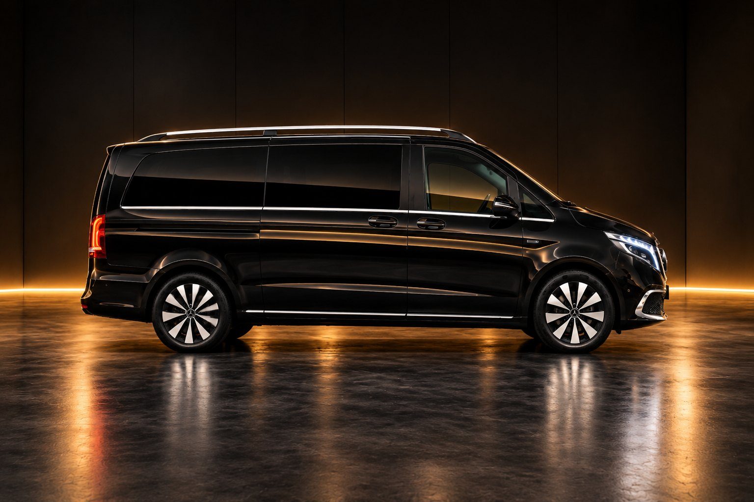 Mercedes-Benz EQV noir de profil dans le studio VANWORTH